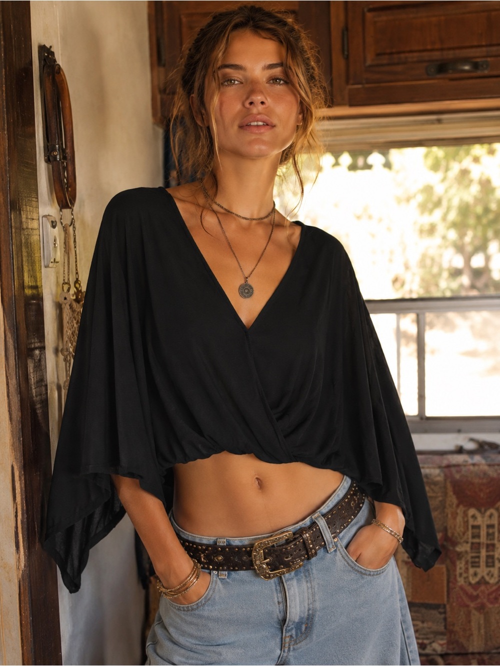 Free People Black Draped Butterfly Sleeve Crop Top Boho Wrap Blouse XS